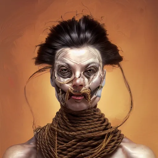 Image similar to portrait of a Shibari rope wrapped face and neck, headshot, insanely nice professional hair style, dramatic hair color, digital painting, of a old 17th century, old cyborg merchant, amber jewels, baroque, ornate clothing, scifi, realistic, hyperdetailed, chiaroscuro, concept art, art by Franz Hals and Jon Foster and Ayami Kojima and Amano and Karol Bak,