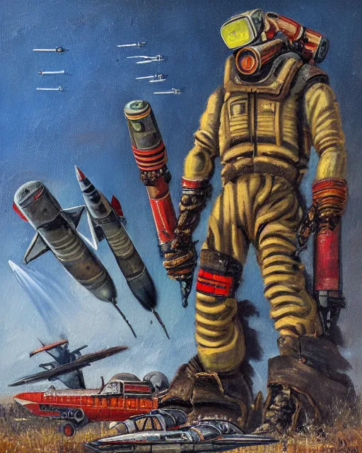 Prompt: portrait of a sukhoi mech armed with rockets and a minigun, oil painting, soviet ( ( ( airplane ) ) ), tribal yurta, postapocalyptic, sharp focus