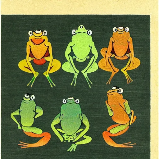 Image similar to ancient Japanese color art of a trio of frogs in different colors