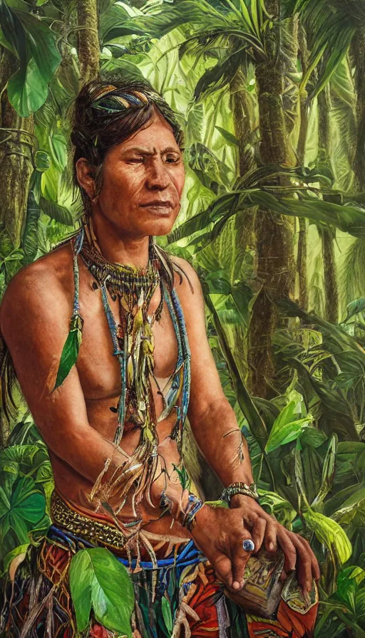 Prompt: a beautiful portrait of an amazonian shaman healer sitting in the jungle, doing a prayer, ayahuasca, high detail painting, fantasy art, highly detailed, realistic face