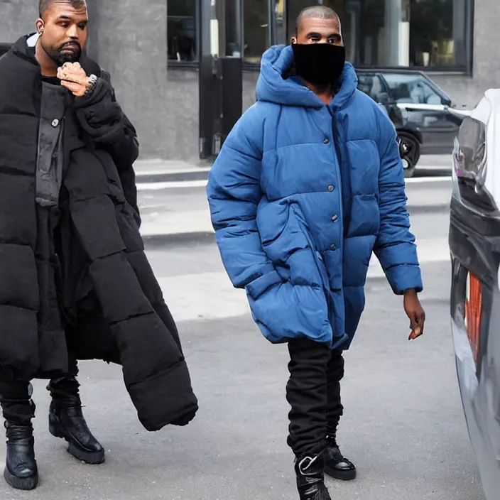 Image similar to kanye west using a full face covering black mask, a small bright blue round puffer jacket made of nylon and big black rubber boots,