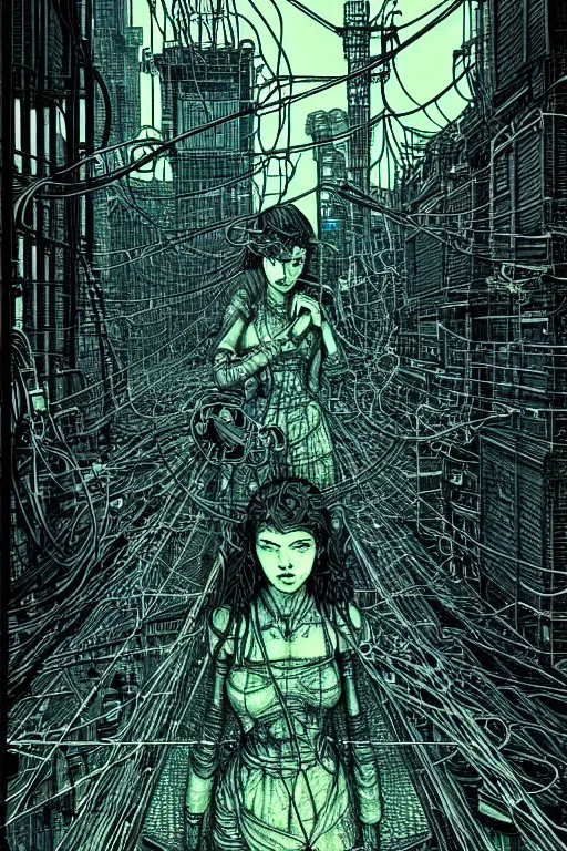 Image similar to dreamy cyberpunk girl, wires and electricity, beautiful, epic grunge, intricate complexity, by dan mumford and by alberto giacometti, arthur rackham