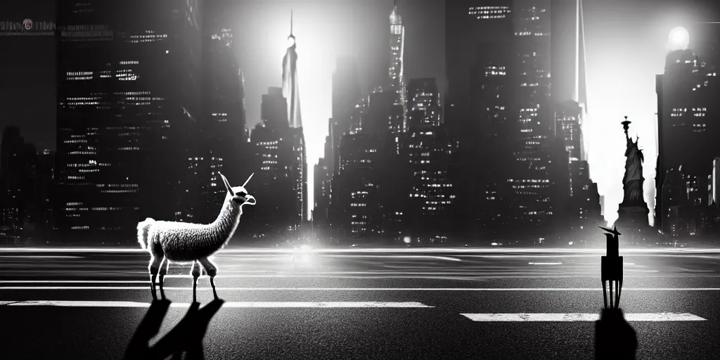 Image similar to a llama walking through a desolate manhattan city street at night, statue of liberty seen in the background, realistic 4 k octane beautifully detailed render, 4 k post - processing, highly detailed, detailed face, intricate complexity, epic composition, magical atmosphere, cinematic lighting, masterpiece, color picture, ultra hd