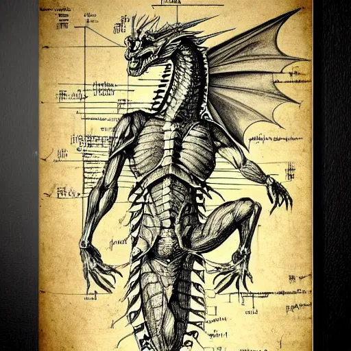 Image similar to anatomical drawing of dragon, davinci style, medical drawing, blueprint, schematic, old