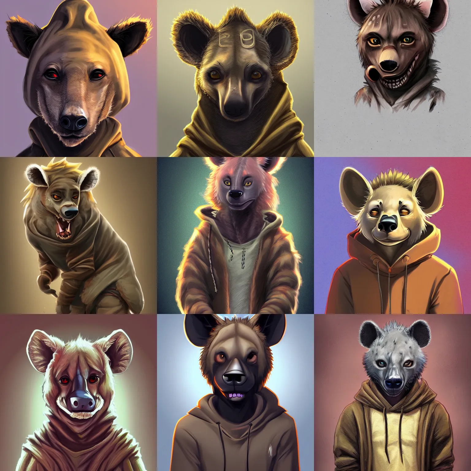 Prompt: cute anthropomorphic spotted hyena wearing a hoodie, brown snout, city, fantasy painting, artstation, deviantart, detailed
