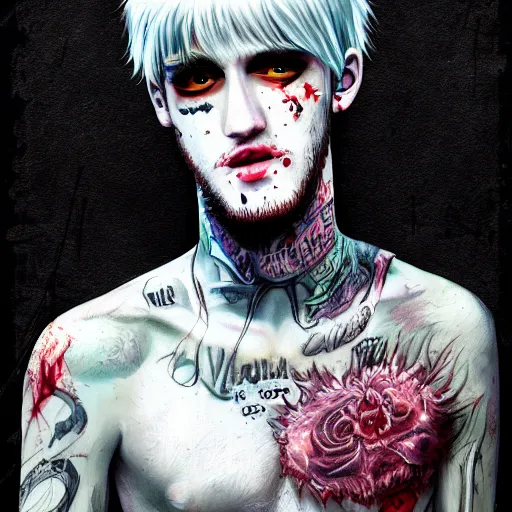 Prompt: Portrait of Lil Peep as a zombie, artstation, digital art, high quality, hyperrealistic, detalied,8k,