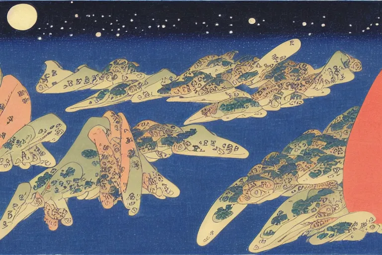 Prompt: eight planets arranged in a row, with stars and sun in background ， by hiroshige utakawa