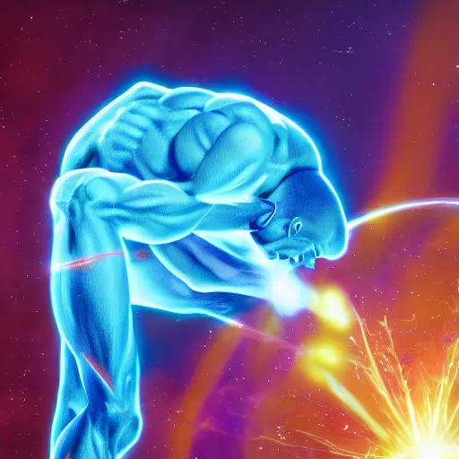 Image similar to a macro portrait of Doctor Manhattan destroying the universe with a snap, hyperdetailed, artstation, 8k,