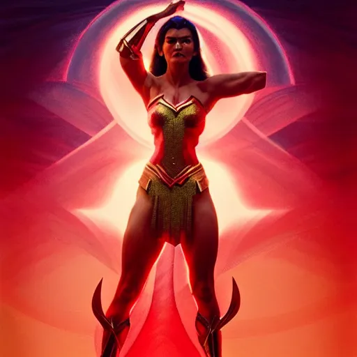 Image similar to iza calzado as darna, volumetric lights, red and cyan theme, art nouveau botanicals, intricate, highly detailed, digital painting, artstation, concept art, smooth, sharp focus, cinematic, illustration, beautiful face, art by artgerm and greg rutkowski and alphonse mucha