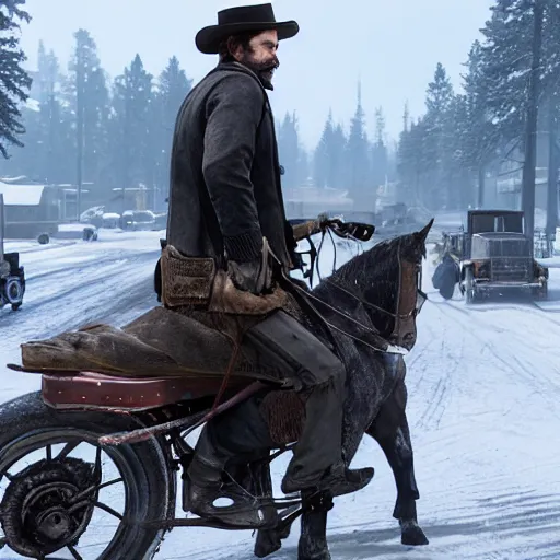 Image similar to arthur from rdr 2 high detailed face driving bike background russia in 2 0 2 0 at russia, tolyatti sportivnaia street 7, cars, snow, buildings photorealism