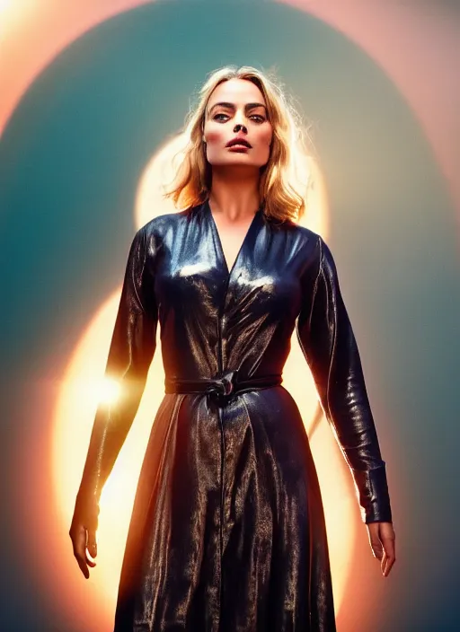 Image similar to beautiful Margot Robbie in a Solarpunk leather robe, accurate anatomy, abstract sun in background, shiny soft skin, soft lighting, sharp details, warm colors, full body portrait, 35 mm film, subsurface scattering, lens flare