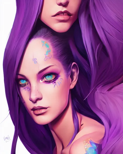 Image similar to beautiful famel purple hair tattoos symmetrical face eyes full body fantasy art icon, 3 d art gta 5 cover, official fanart behance hd artstation by jesper ejsing, by rhads, makoto shinkai and lois van baarle, ilya kuvshinov, rossdraws