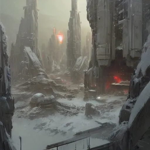 Image similar to star wars concept art by greg rutkowski, a post - modern city between a snowed mountain range, sharp foccus, cinematic ilumination, nostalgic atmosphere.