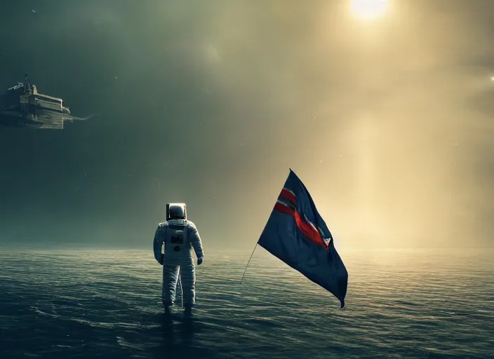 Image similar to astronaut holding a flag in an underwater desert. a submarine is visible in the distance. dark, concept art, cinematic, dramatic, atmospheric, 8 k, trending on artstation, blue, fish, low visibility, fog, ocean floor, christopher nolan, interstellar