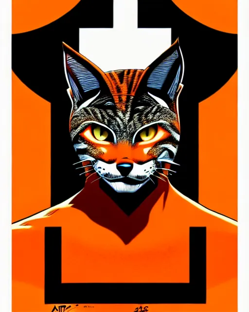 Prompt: artgerm, frank miller comic cover art, bobcat with orange fur, symmetrical eyes, symmetrical face, white shirt with red exclamation point logo, dark castle background, cinematic lighting