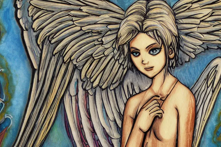 Image similar to angel, city detailed on background, art by wloop