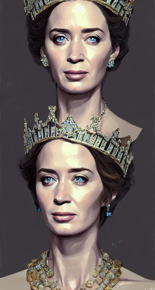 Image similar to portrait of emily blunt as queen, jewelry, greek, sapphire, victorian age, 1 8 9 0, intricate, headshot, key visual, conceptart, ambient lighting, highly detailed, digital painting, artstation, concept art, sharp focus, by makoto shinkai and akihiko yoshida and greg manchess