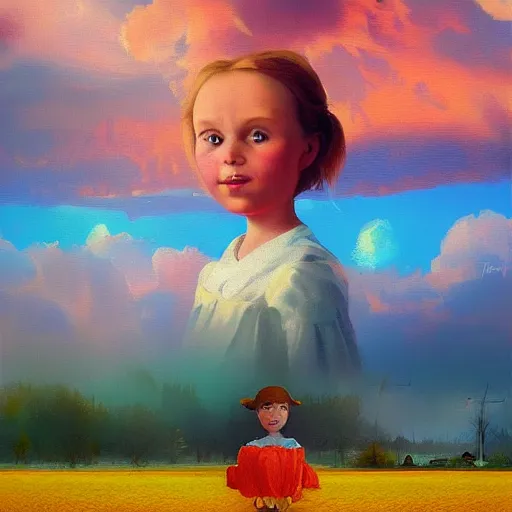 Image similar to dutch girl with singular giant tulip as a head, surreal photography, flower field, sunset dramatic light, impressionist painting, colorful clouds, blue sky, digital painting, artstation, simon stalenhag