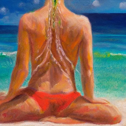 Prompt: freckled woman meditating on beach in caribbean, high detailed, clear, oil on canvas