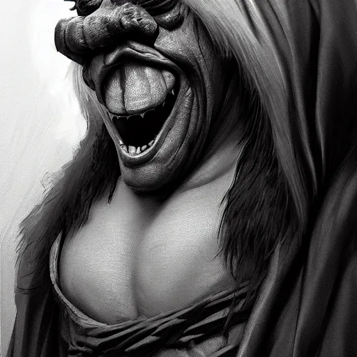 Image similar to noisy black and white shrek creepy face, highly detailed, digital painting, artstation, concept art, smooth, sharp focus, illustration, art by artgerm and greg rutkowski and alphonse mucha