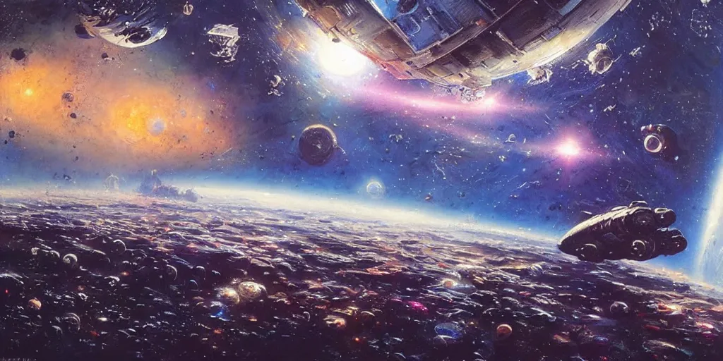 Prompt: a beautiful space scene with a spaceship and a dark, plain, simple starry background, art by alan bean and john berkey trending on artstation, highly detailed oil painting, hyperrealistic, cinematic, dramatic lighting, sharp color palette