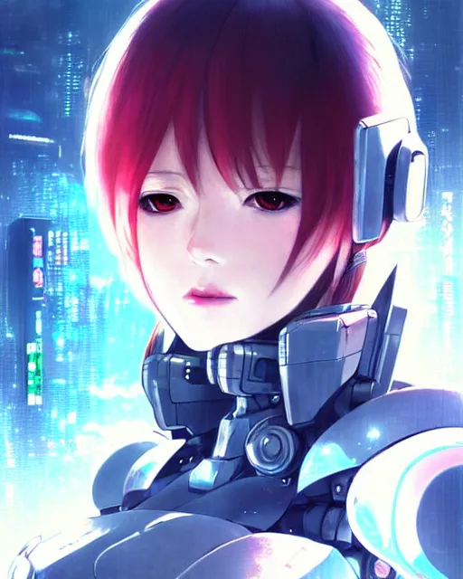 Image similar to portrait Anime Girl in mecha armor in night tokyo Sharp fine face pretty face, realistic shaded Perfect face, fine details. Anime. cyberpunk realistic shaded lighting by katsuhiro otomo ghost-in-the-shell, magali villeneuve, artgerm, rutkowski Jeremy Lipkin and Giuseppe Dangelico Pino and Michael Garmash and Rob Rey