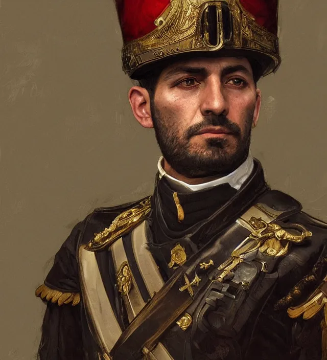 Image similar to portrait of an italian man wearing a traditional nineteenth century italian empire military uniform, metal shoulder pauldrons, intricate, highly detailed, digital painting, artstation, concept art, sharp focus, cinematic lighting, illustration, art by artgerm and greg rutkowski, alphonse mucha, cgsociety