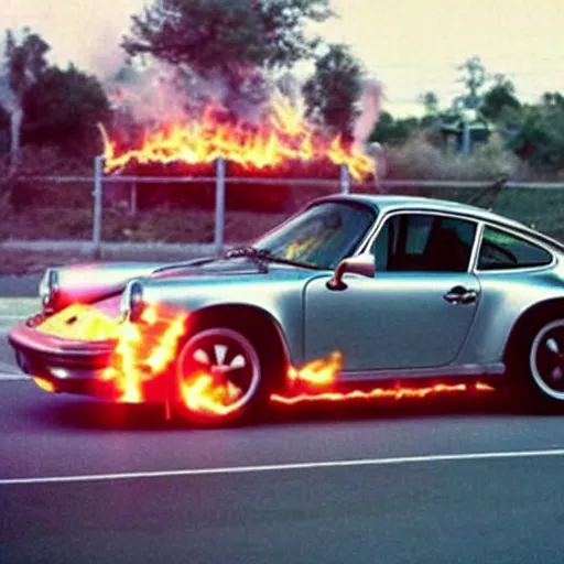 Prompt: porsche 911 in back 2 the future. trail of fire on street. 88mph. lightning strike