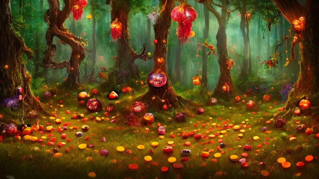 Image similar to forest made out of candy!!!!!!, cinematic scene, studio lighting, colorful, fantasy, intricate, fireflies, flowers, halloween, fairytale, ( visually stunning, matte painting, concept art, medium shot, trending on artstation )