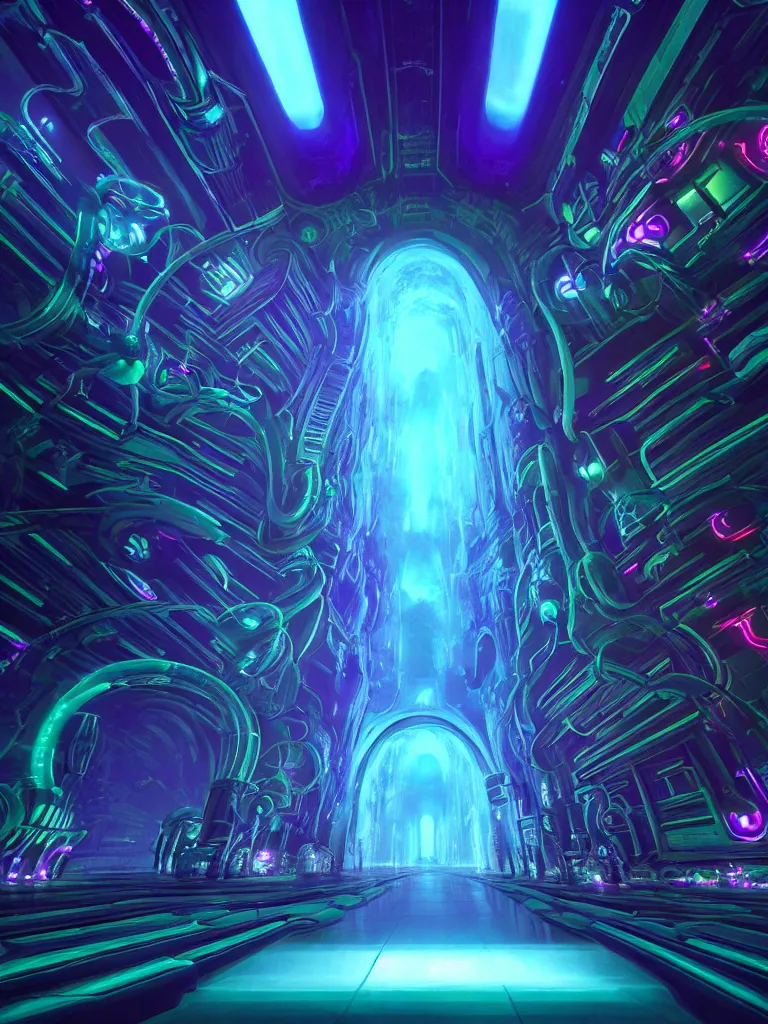 Image similar to entrance to matrix ethereal realm, ai sentient, rendered in unreal engine, central composition, symmetrical composition, dreamy colorful cyberpunk colors, 6 point perspective, fantasy landscape with anthropomorphic terrain in the styles of igor morski, jim warren and rob gonsalves, intricate, hyperrealistic, volumetric lighting, neon ambiance, distinct horizon