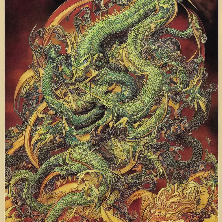 Image similar to portrait of Shenron The Eternal Dragon of the Earth Dragon Balls by Jeff Easley and Peter Elson + beautiful eyes, beautiful face + symmetry face + border and embellishments inspiried by alphonse mucha, fractals in the background, galaxy + baroque, gothic, surreal + highly detailed, intricate complexity, epic composition, magical atmosphere + masterpiece, award winning + trending on artstation