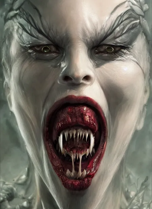 Image similar to a detailed face portrait of the queen of blades with vampire fangs and tongue sticking out, by dorian cleavenger, greg rutkowski, wlop, astri lohne, zdzisław beksinski trending on artstation
