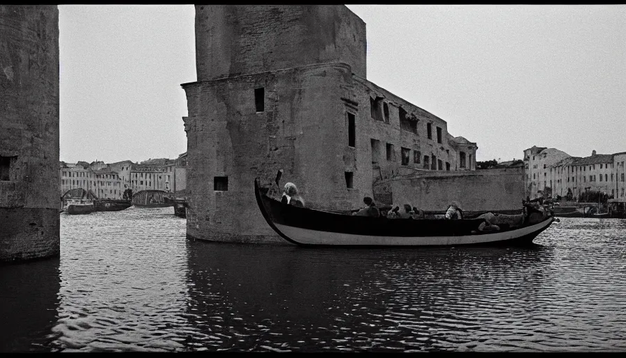 Prompt: 1 9 6 0 s movie still by tarkovsky of an elder socrates in a barque on a canal between two walls with columns, cinestill 8 0 0 t 3 5 mm b & w, high quality, heavy grain, high detail, panoramic, ultra wide lens, cinematic composition, dramatic light, anamorphic, raphael style, piranesi style