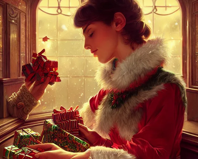 Image similar to opening presents at christmas 1 9 8 0's, deep focus, d & d, fantasy, intricate, elegant, highly detailed, digital painting, artstation, concept art, matte, sharp focus, illustration, hearthstone, art by artgerm and greg rutkowski and alphonse mucha