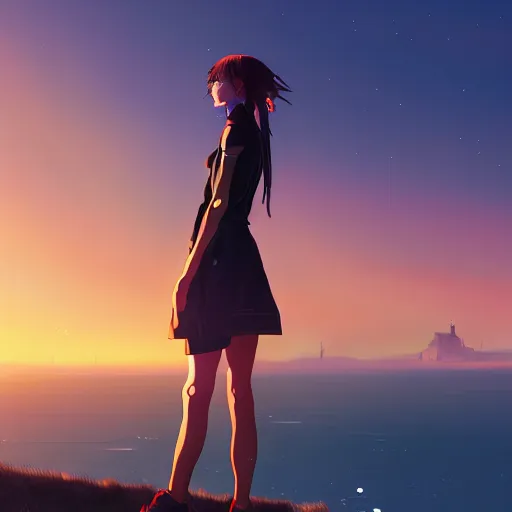 Image similar to A cyborg girl standing on the hill looking at the sea with a sunset in style of Makoto Shinkai and Cyberpunk. ArtStation, 8K, Highly Detailed, Intricate, Album Art.