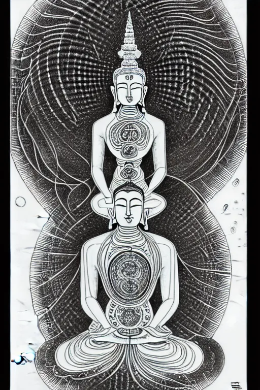 Prompt: a black and white drawing of chakra awakened ancient futuristic buddha meditating, bioluminescence, a detailed mixed media collage by eduardo paolozzi and ernst haeckel, intricate linework, sketchbook psychedelic doodle comic drawing, geometric, deconstructivism, matte drawing, academic art, constructivism
