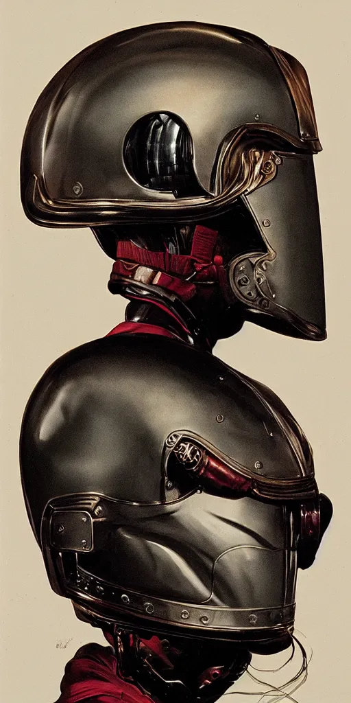 Prompt: portrait of a knight in a motorcycle helmet, fashion studio, lighting, 35mm, by Wayne Barlowe