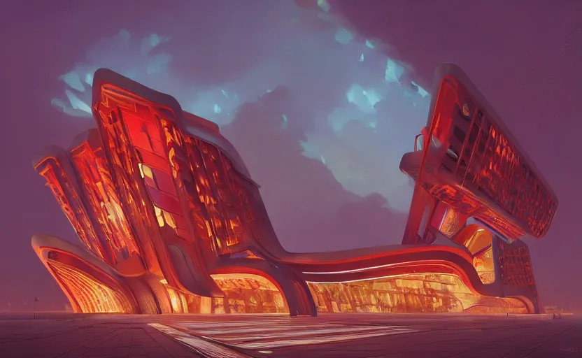 Image similar to exterior shot of utopian architecture red building with cinematic lighting by zaha hadid and renzo piano, darek zabrocki and greg ruthkowski, alphonse mucha, simon stalenhag, cinematic, stars, beautiful, holy place, paradise, scifi, futurism, atmospheric, concept art, artstation, trending on artstation