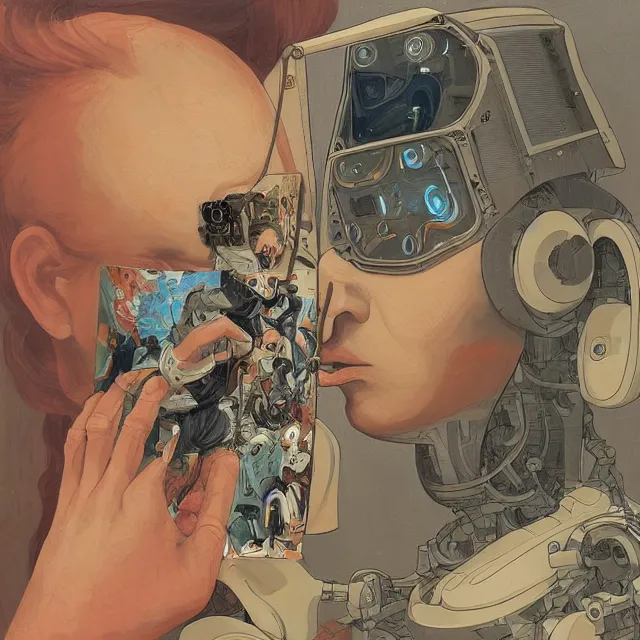 Image similar to robot artist painting a self - portrait on a canvas. intricate, highly detailed, digital matte painting, in the style of alexandros pyromallis, and in the style of sachin teng, and in the style of hans thoma, and in the style of gerald brom. irony, recursion, inspiration.