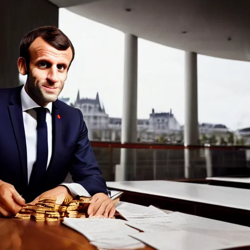 Image similar to closeup portrait of emmanuel macron stealing money from the european parliament, natural light, sharp, detailed face, magazine, press, photo, steve mccurry, david lazar, canon, nikon, focus