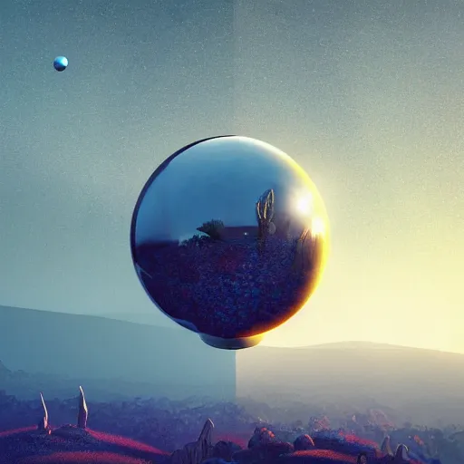 Prompt: A landscape with chrome orb, by Jonathan Zawada, beeple and jeremiah ketner