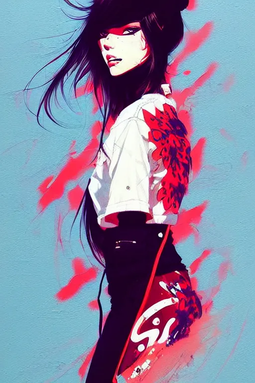 Prompt: a ultradetailed beautiful painting of a stylish woman wearing streetwear, by conrad roset, greg rutkowski and makoto shinkai trending on artstation