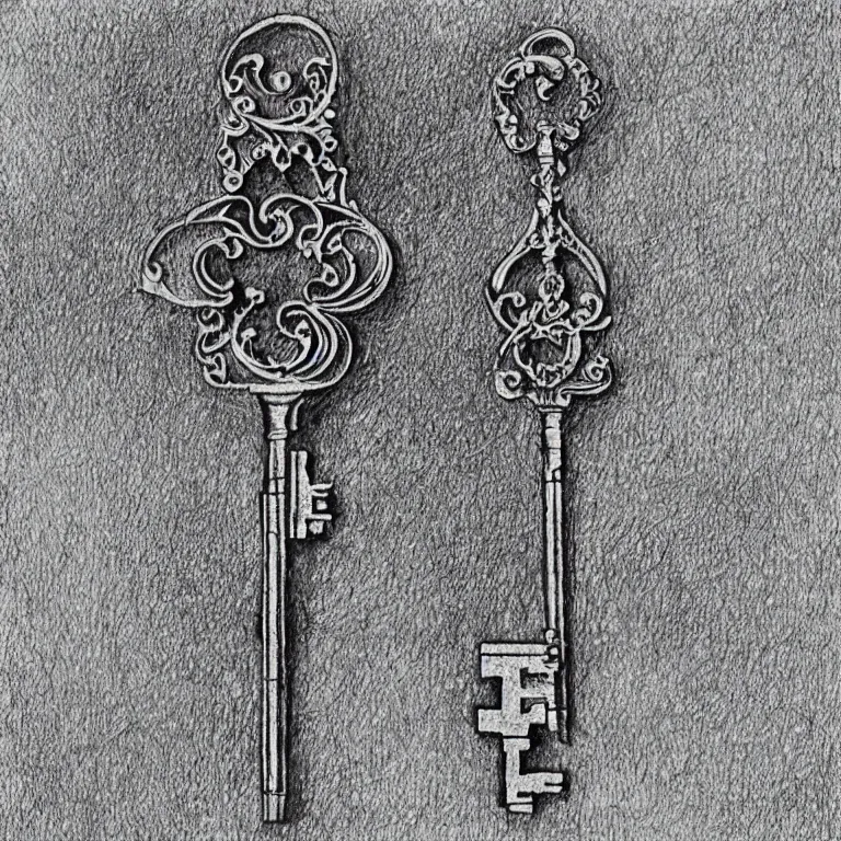 Prompt: Pen and ink drawing of an intricate key, detailed, paper, photograph