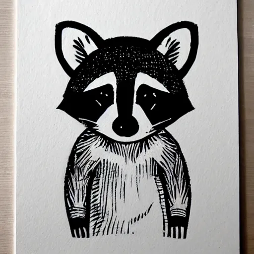 Image similar to raccoon, cute, block print, simple stylized, black ink on white paper