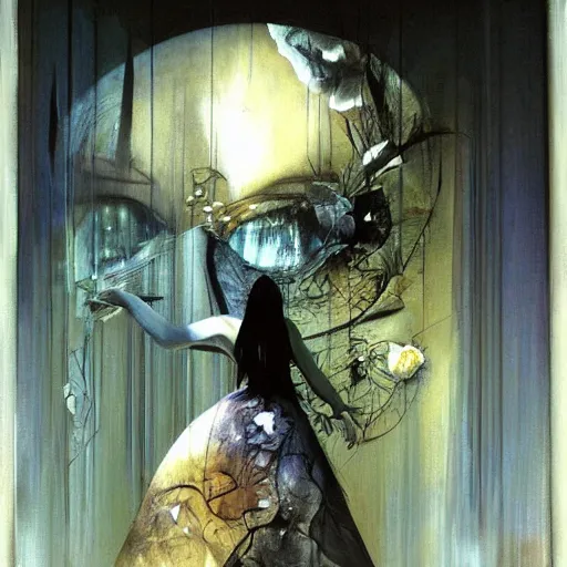 Image similar to she dreams a past she hasn't lived, she holds the key to the gate to reality outside this virtual world, oil on canvas by dave mckean and yoshitaka amano