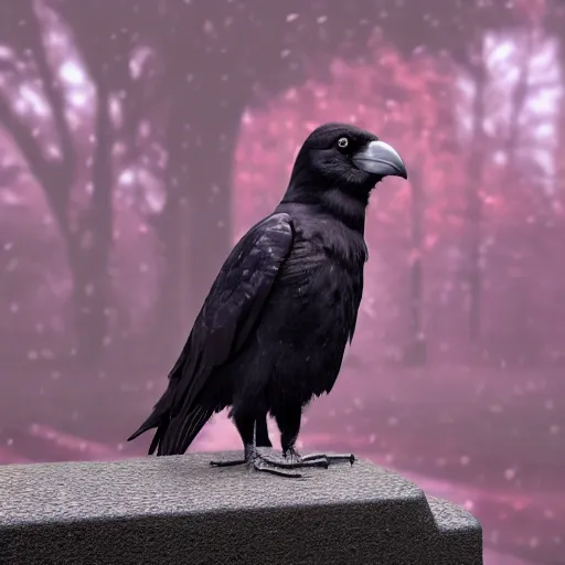 Image similar to a friendly crow in a park in a rainy day, digital painting, ultra detailed, unreal engine 5,