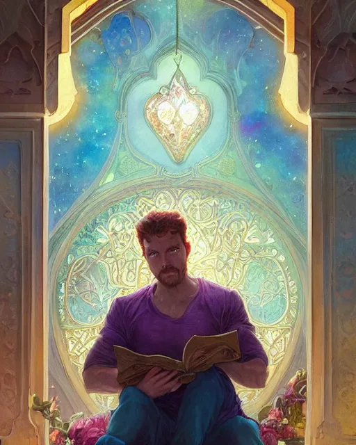 Image similar to chis pratt in front of an big open quran highly detailed, gold filigree, romantic storybook fantasy, soft cinematic lighting, award, disney concept art watercolor illustration by mandy jurgens and alphonse mucha and alena aenami, pastel color palette, featured on artstation