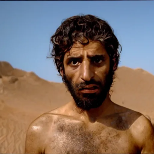 Prompt: cinematic still of hiding middle eastern skinned frightened man wearing fig leaves for clothing, paradise background, from Biblical epic by Steven Spielberg