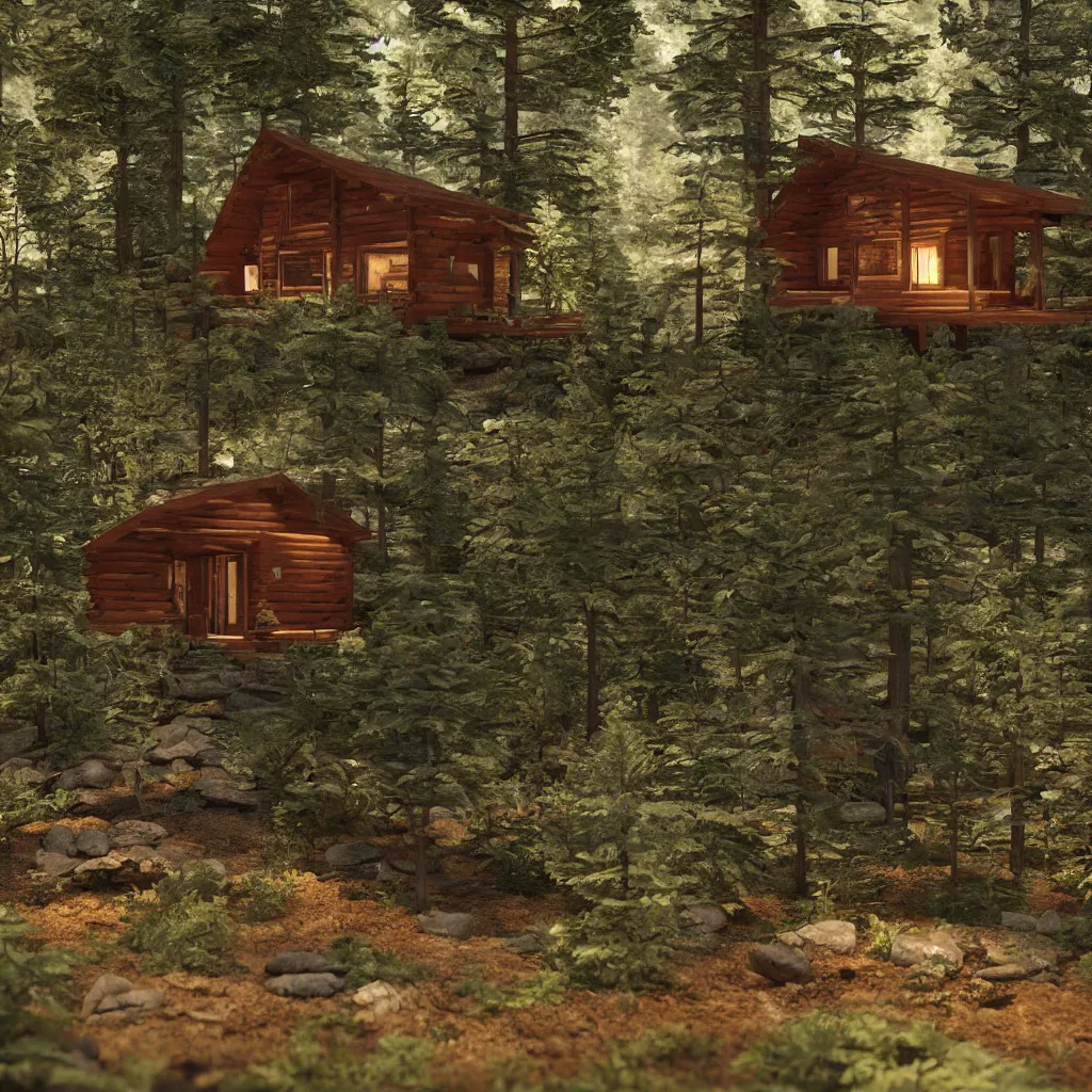 Prompt: octane render cabin in the woods diorama, ultra realistic