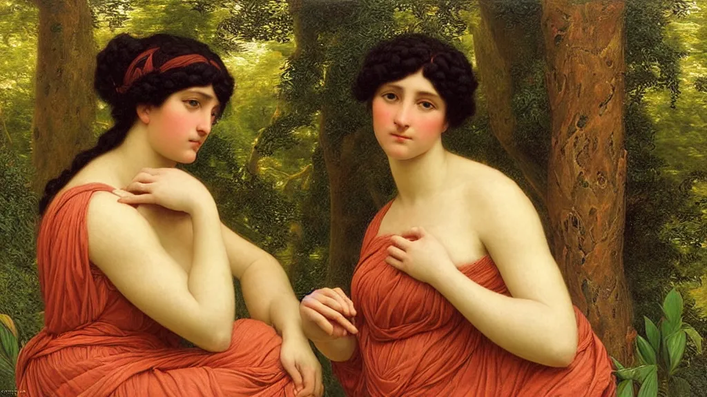 Prompt: portrait of two women surrounded by nature, in the style of john william godward, intricate details, high detail, super - flat, art nouveau, face symmetry, masterpiece, sharp focus